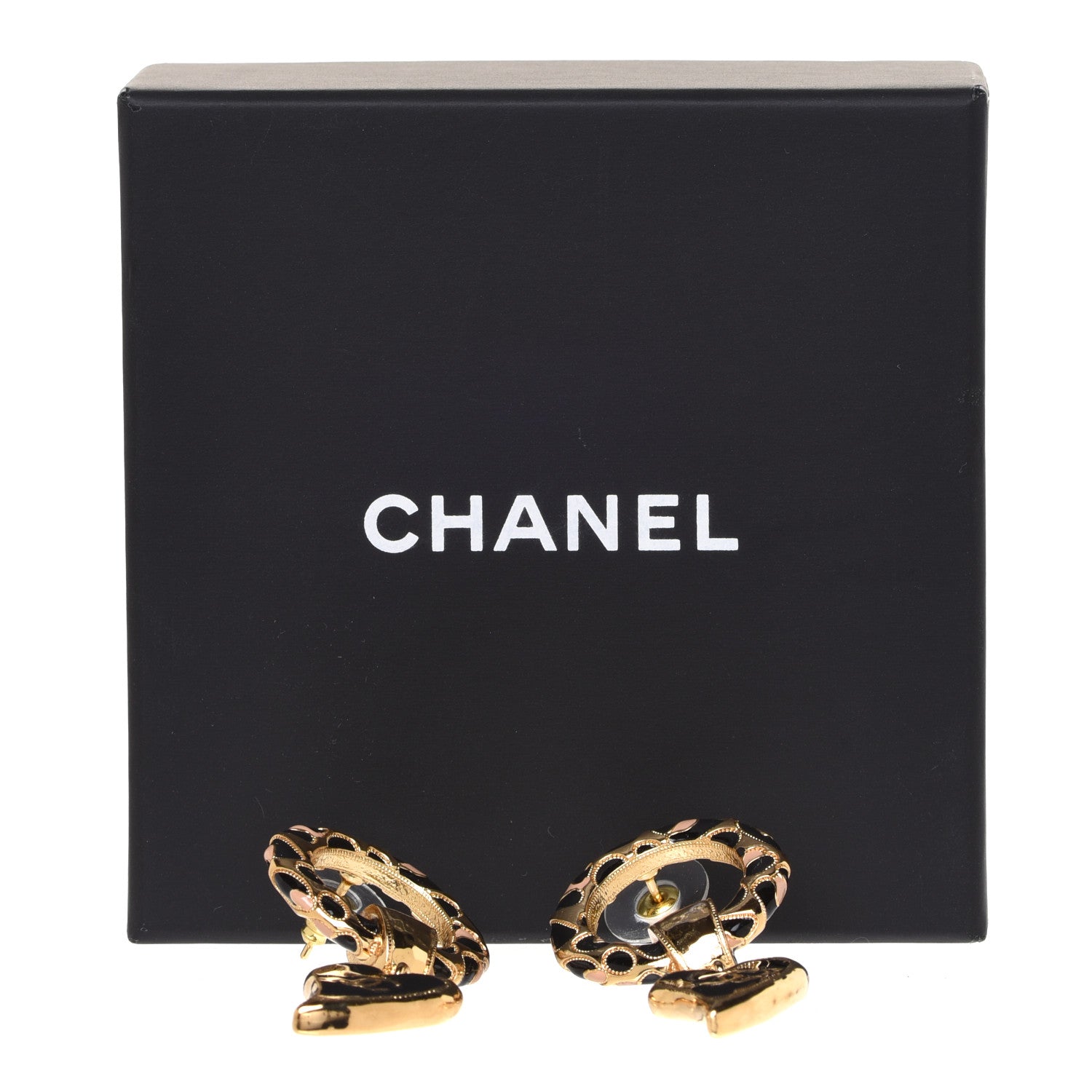 Chanel Resin CC Heart Drop Earrings Gold Black Beige 5 of 5