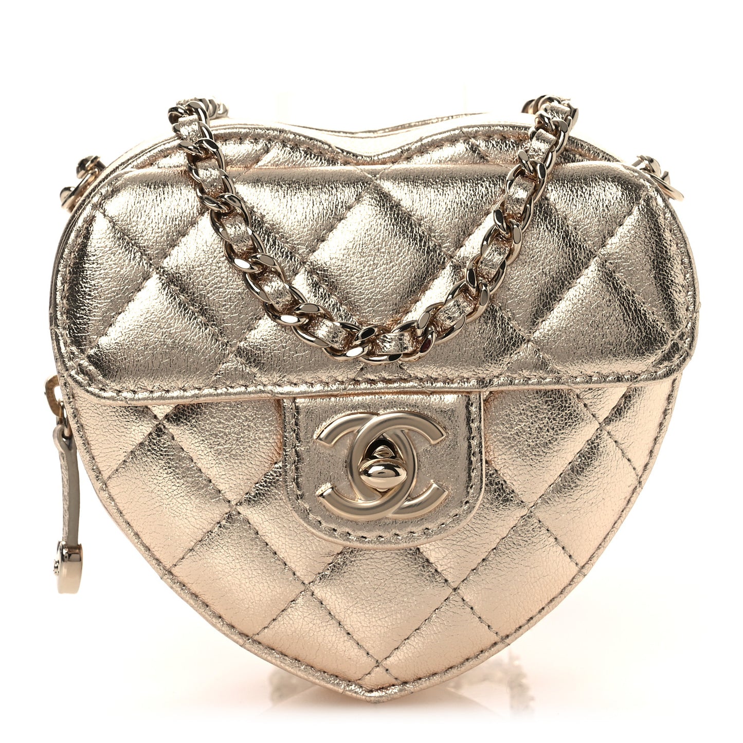 Metallic Lambskin Quilted CC In Love Heart Clutch With Chain Gold