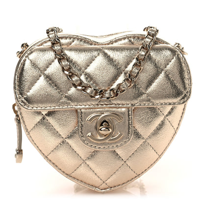 Chanel Metallic Lambskin Quilted CC In Love Heart Clutch With Chain Gold 1 of 12