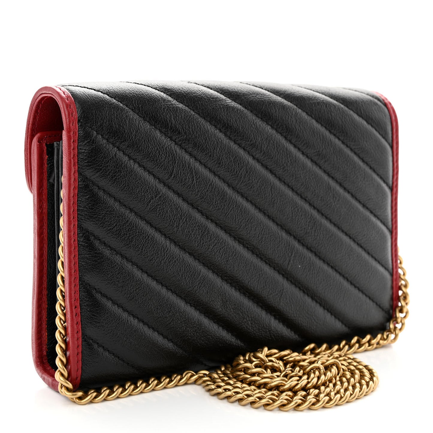 Vintage Effect Calfskin Matelasse Diagonal Torchon GG Marmont Chain Wallet Black Romantic Cherry