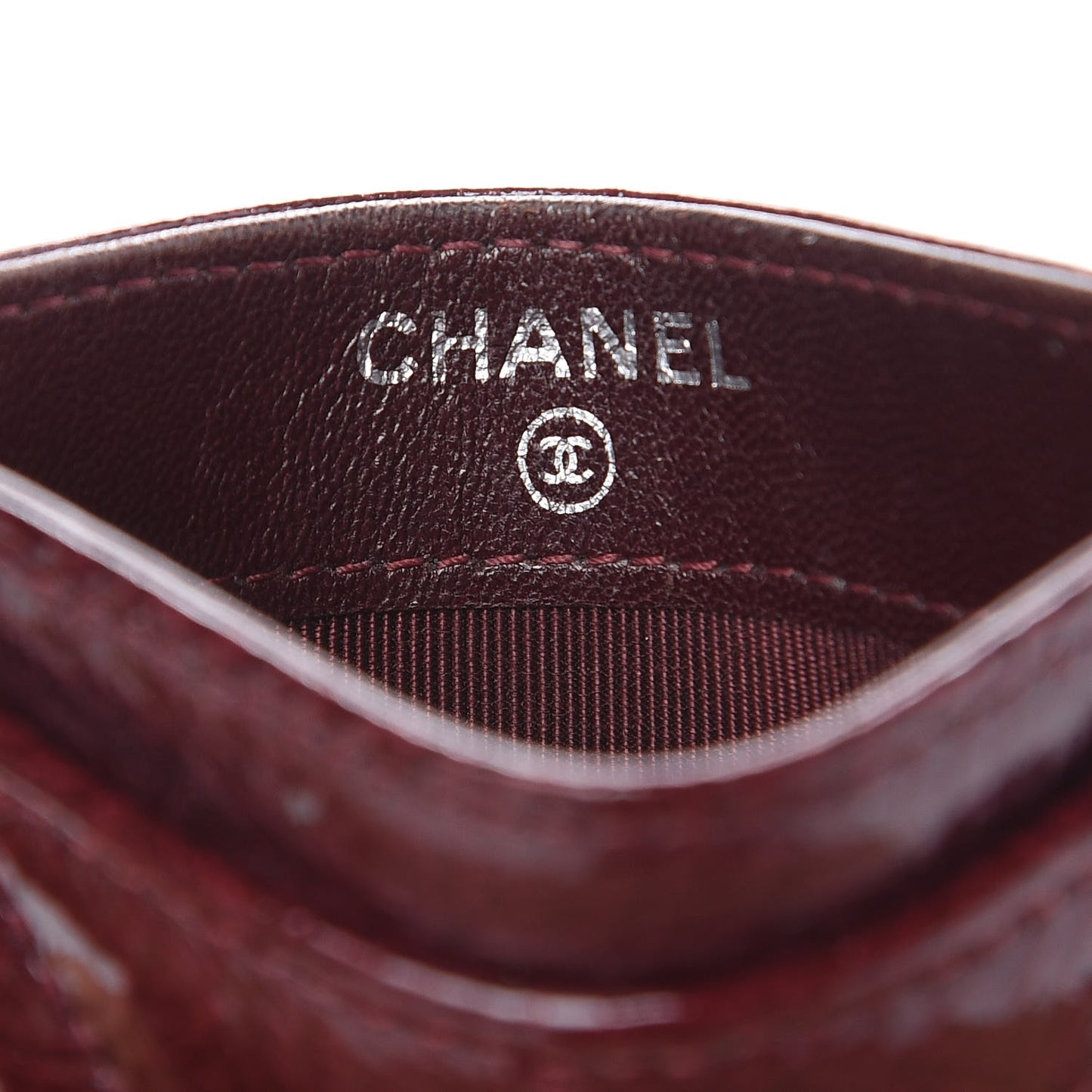 Distressed Patent Quilted Card Holder Bordeaux
