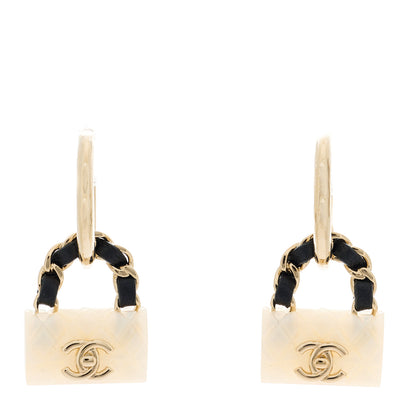 Chanel Metal Resin Calfskin Quilted CC Turnlock Chain Bag Earrings Gold Pearly White 1 of 5