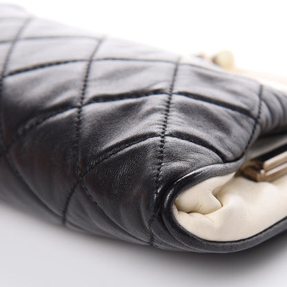Chanel Lambskin Quilted Pearl Kiss Lock Clutch Black White 8 of 13