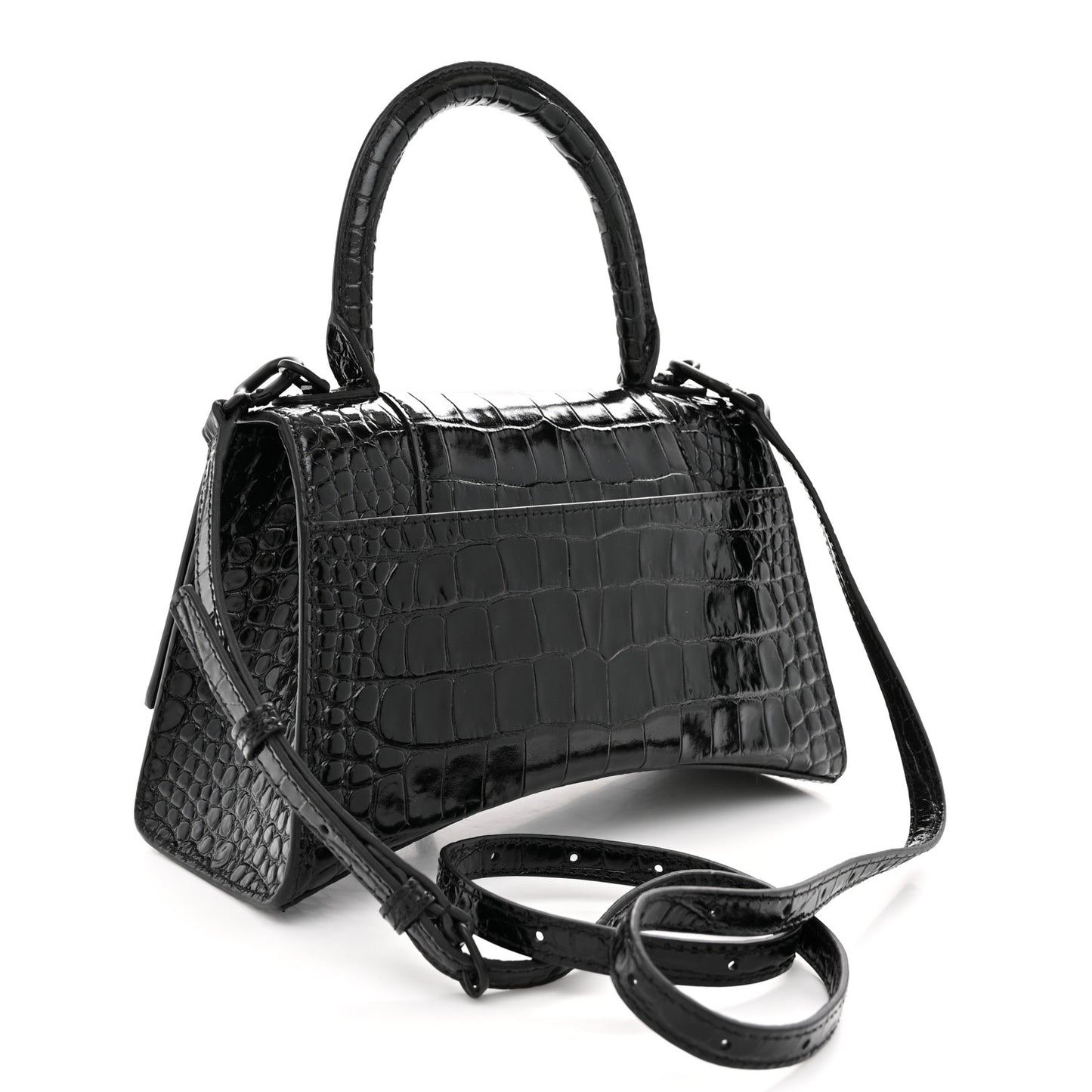 Shiny Calfskin Monochrome Crocodile Embossed Small Hourglass Top Handle Bag Black