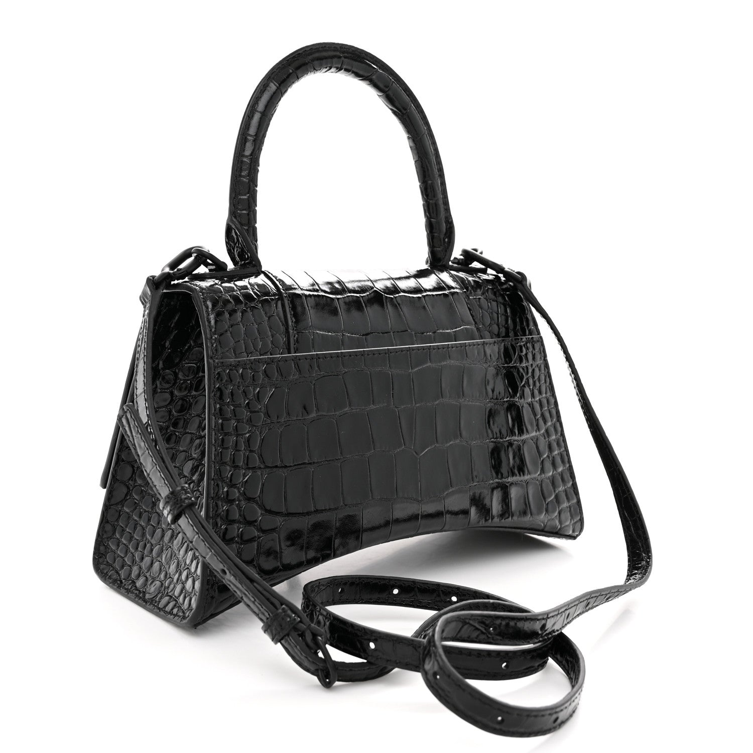 Balenciaga Shiny Calfskin Monochrome Crocodile Embossed Small Hourglass Top Handle Bag Black 3 of 11