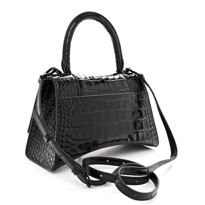 Balenciaga Shiny Calfskin Monochrome Crocodile Embossed Small Hourglass Top Handle Bag Black 3 of 11