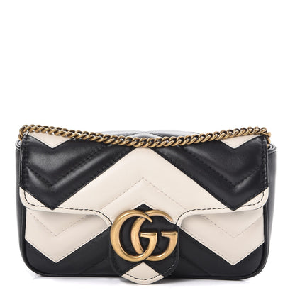 Gucci Calfskin Matelasse Super Mini GG Marmont Shoulder Bag Black White 1 of 10
