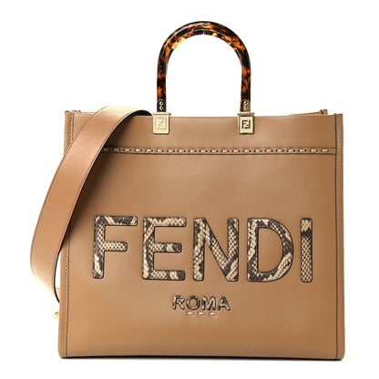 Fendi Vitello King Plexiglass Elaphe Python Print Logo Medium Fendi Sunshine Shopper Tote Miele Scuro Makeup 1 of 9