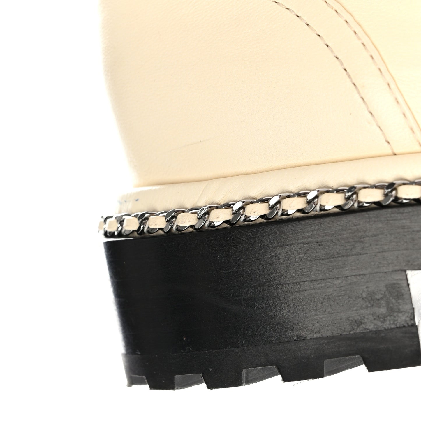 Lambskin Pearl Chain CC Combat Boots 38 Ivory Black