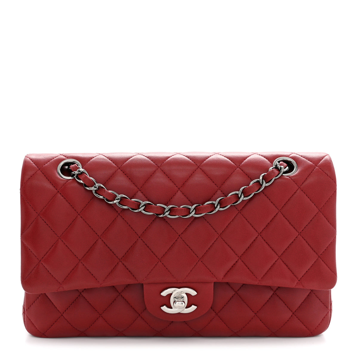 Lambskin Quilted Medium Double Flap Red