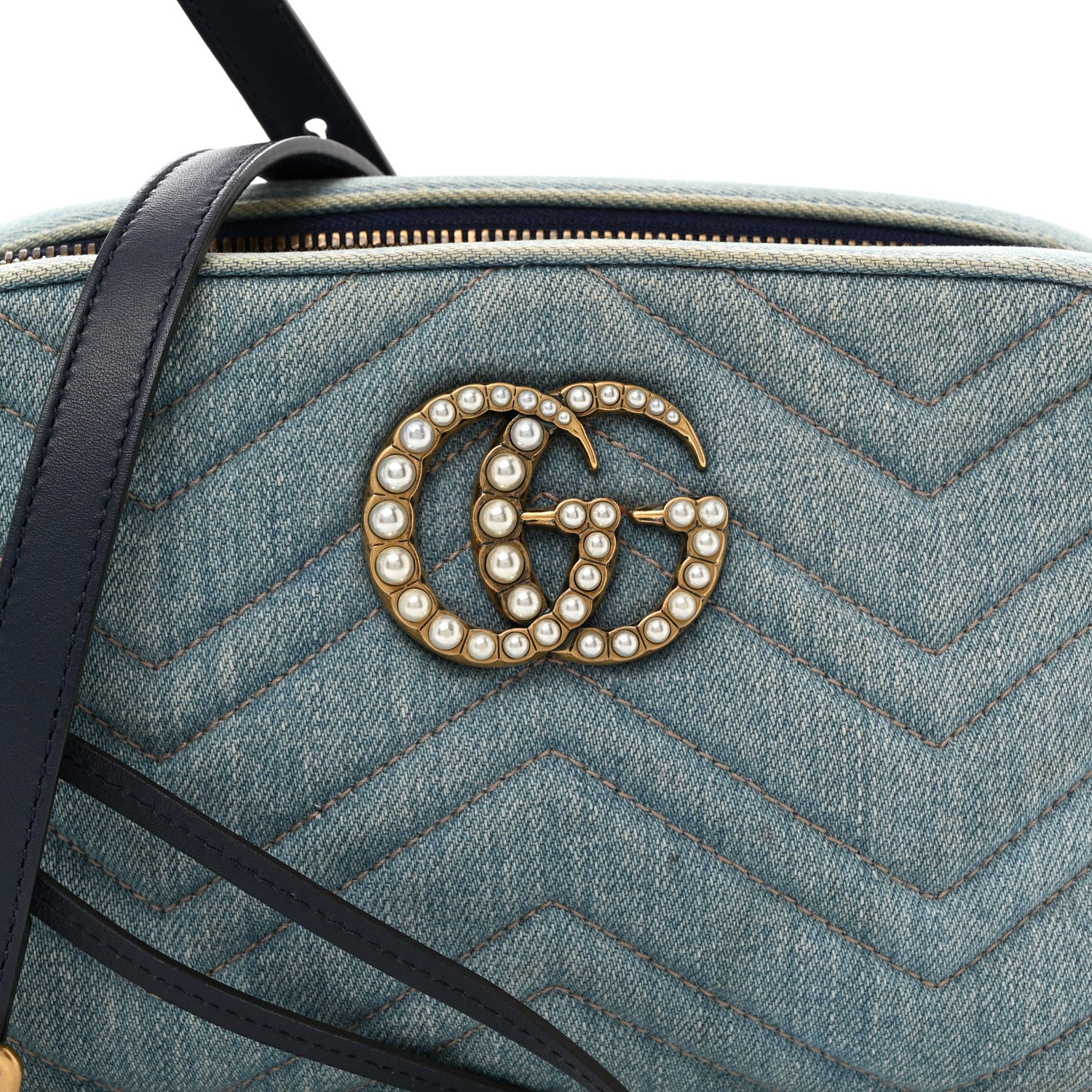 Gucci Denim Matelasse Small Pearly GG Marmont Chain Bag Blue 8 of 10