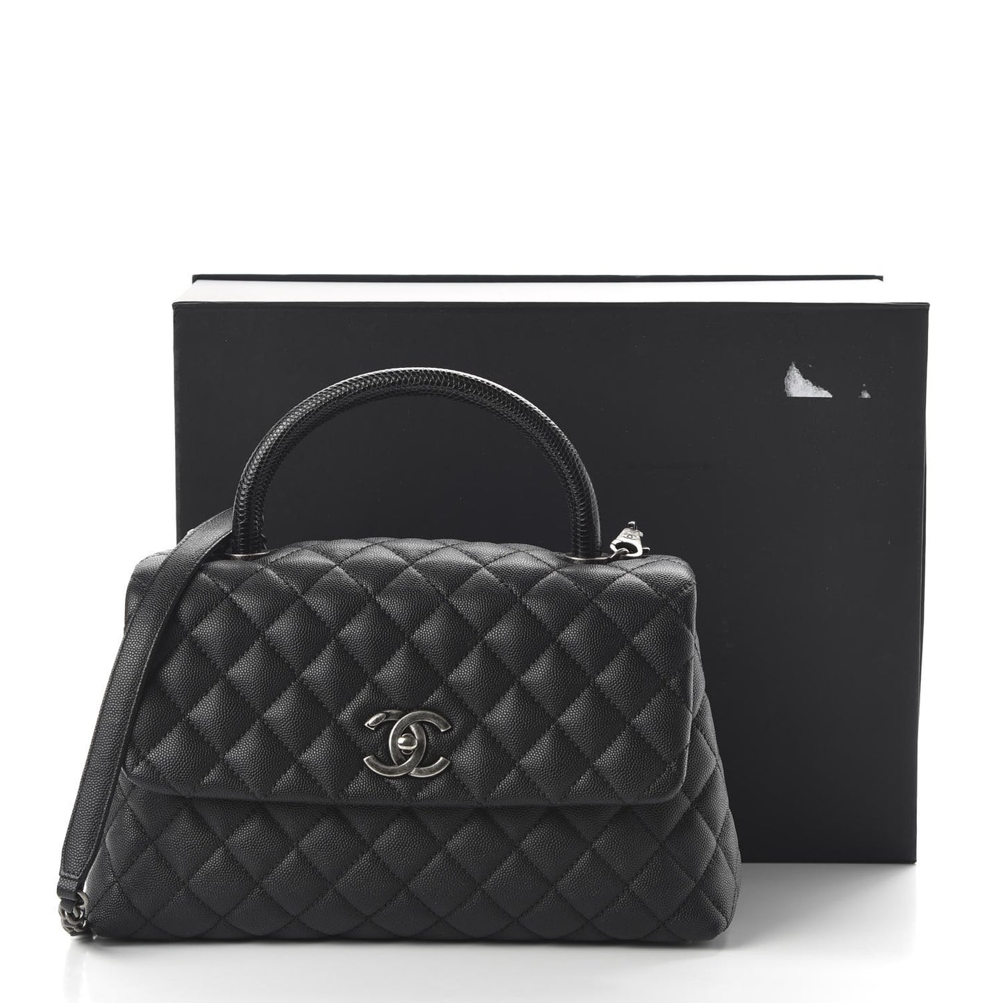 Caviar Lizard Embossed Quilted Small Coco Handle Flap Black