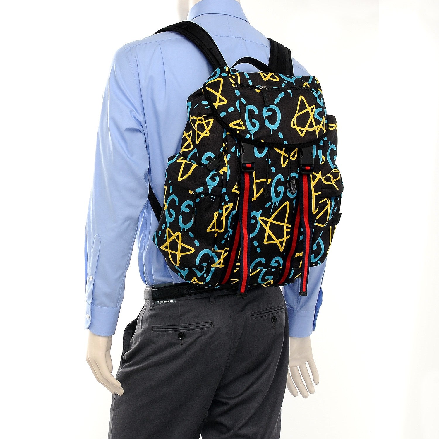 Gucci Techno Canvas GucciGhost Double Buckle Backpack Black New Acquamarine 2 of 8