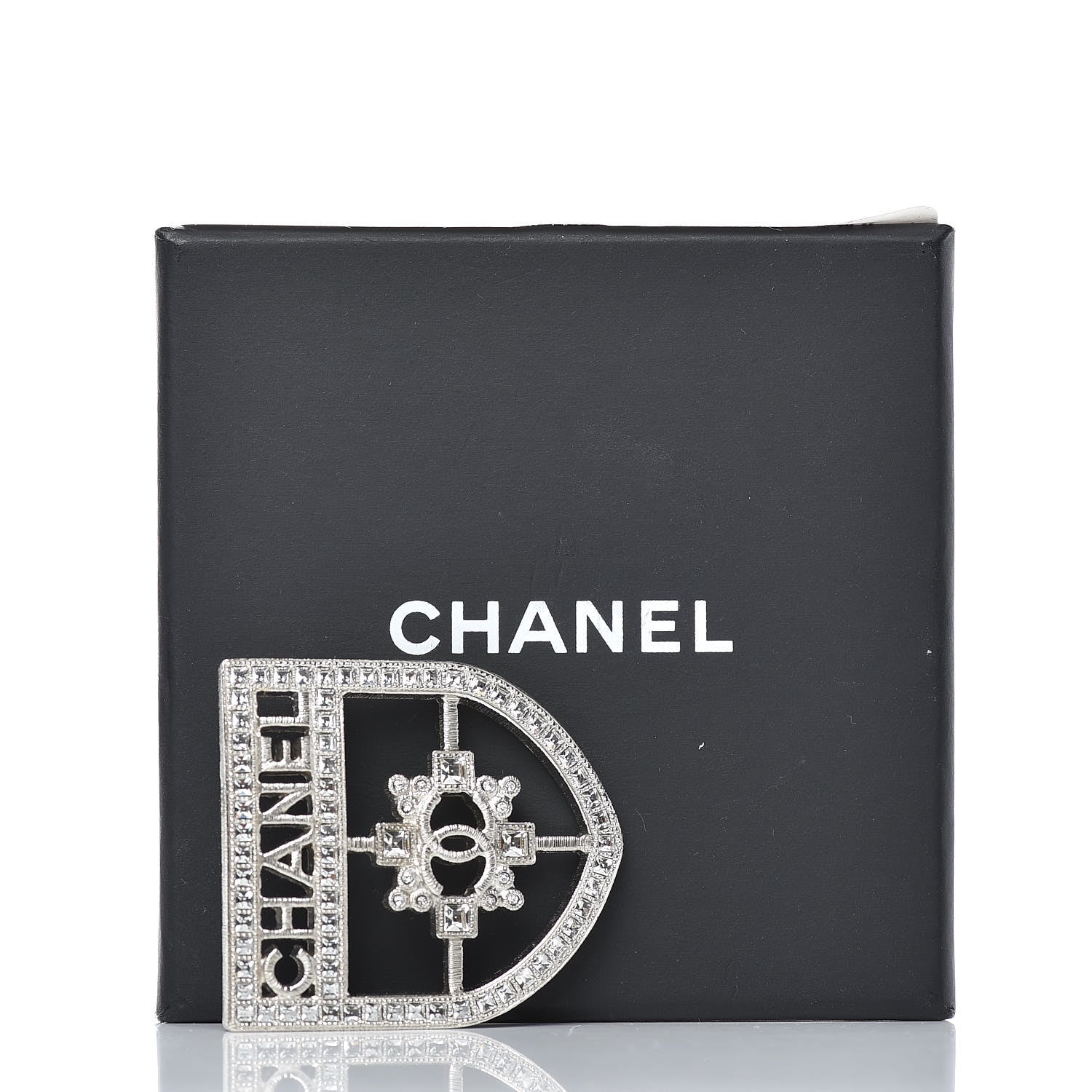 Chanel Swarovski Baguette Crystal CC Shield Brooch Silver 5 of 5