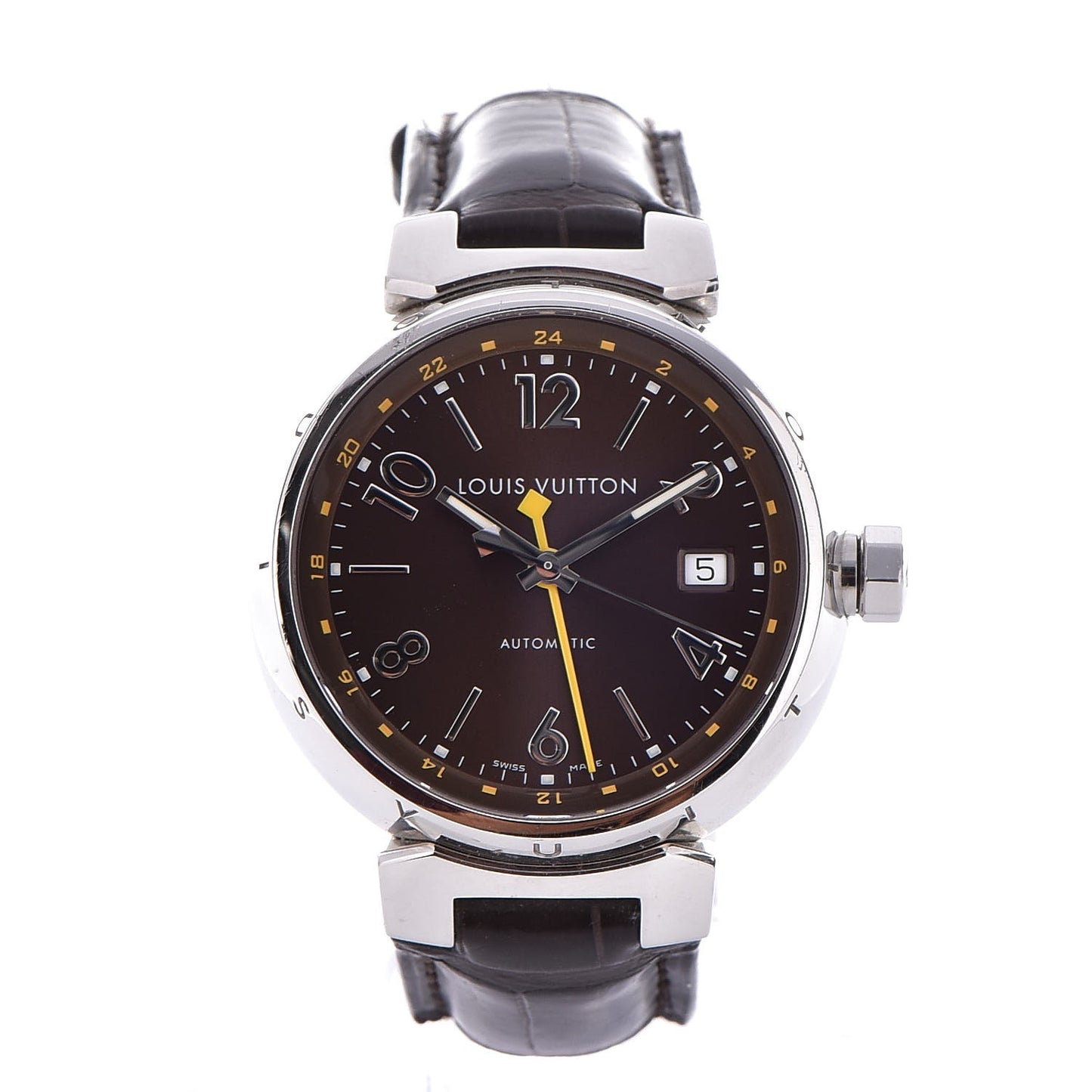 Stainless Steel Alligator 39mm Tambour GMT Automatic Watch Brown