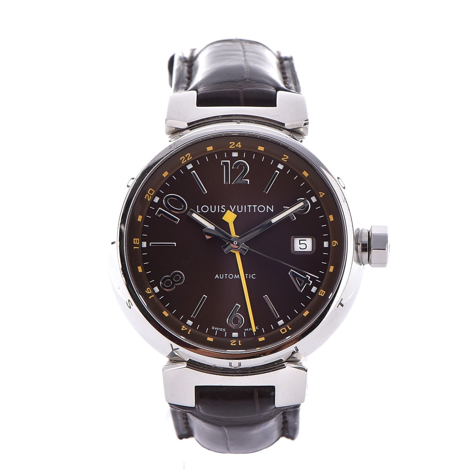 Louis Vuitton Stainless Steel Alligator 39mm Tambour GMT Automatic Watch Brown 1 of 8