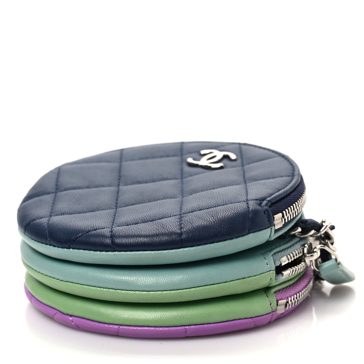 Lambskin Quilted Round Clutch With Chain Navy Blue Green Purple
