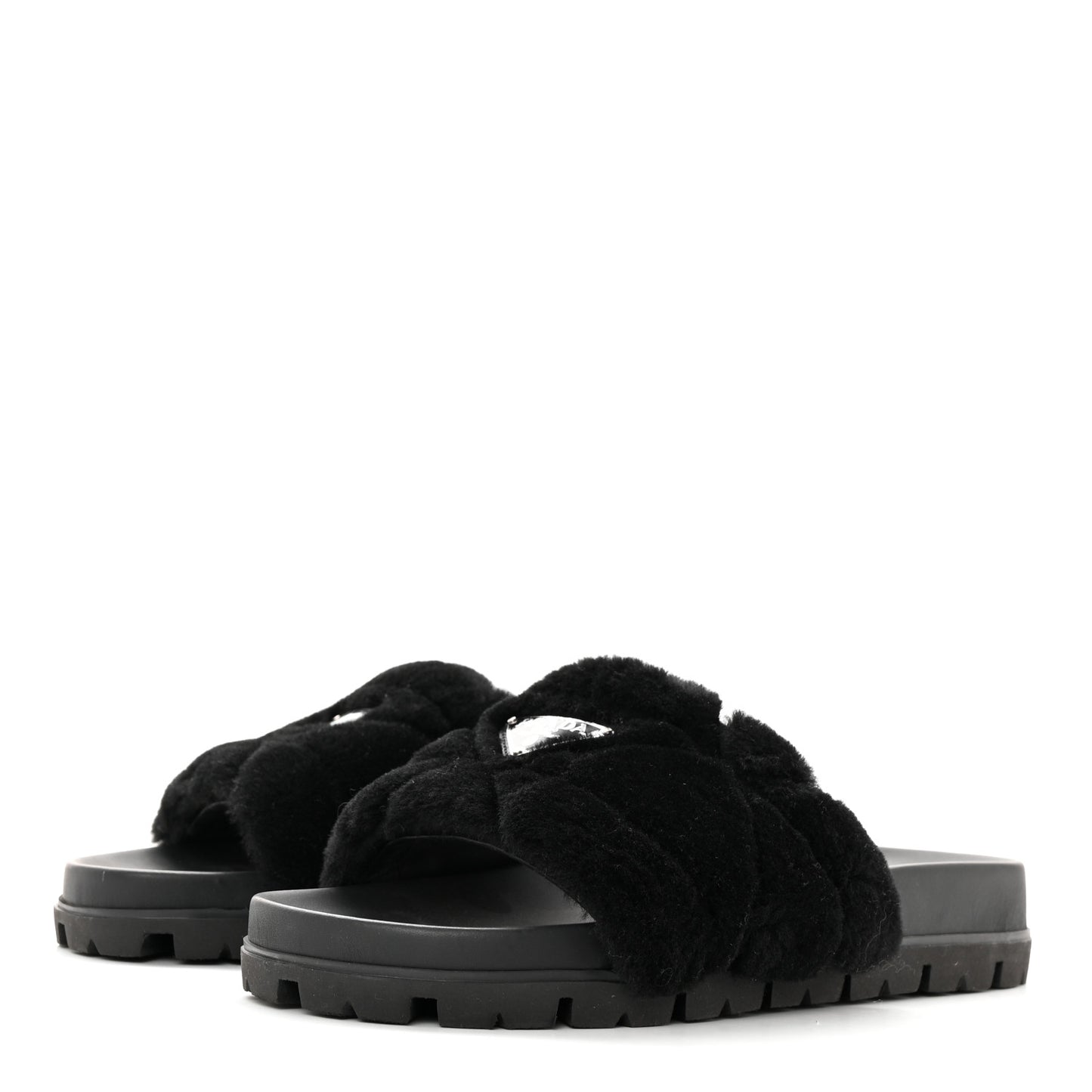 Shearling Metal Triangle Logo Lug Sole 20mm Slide Sandals 41 Black