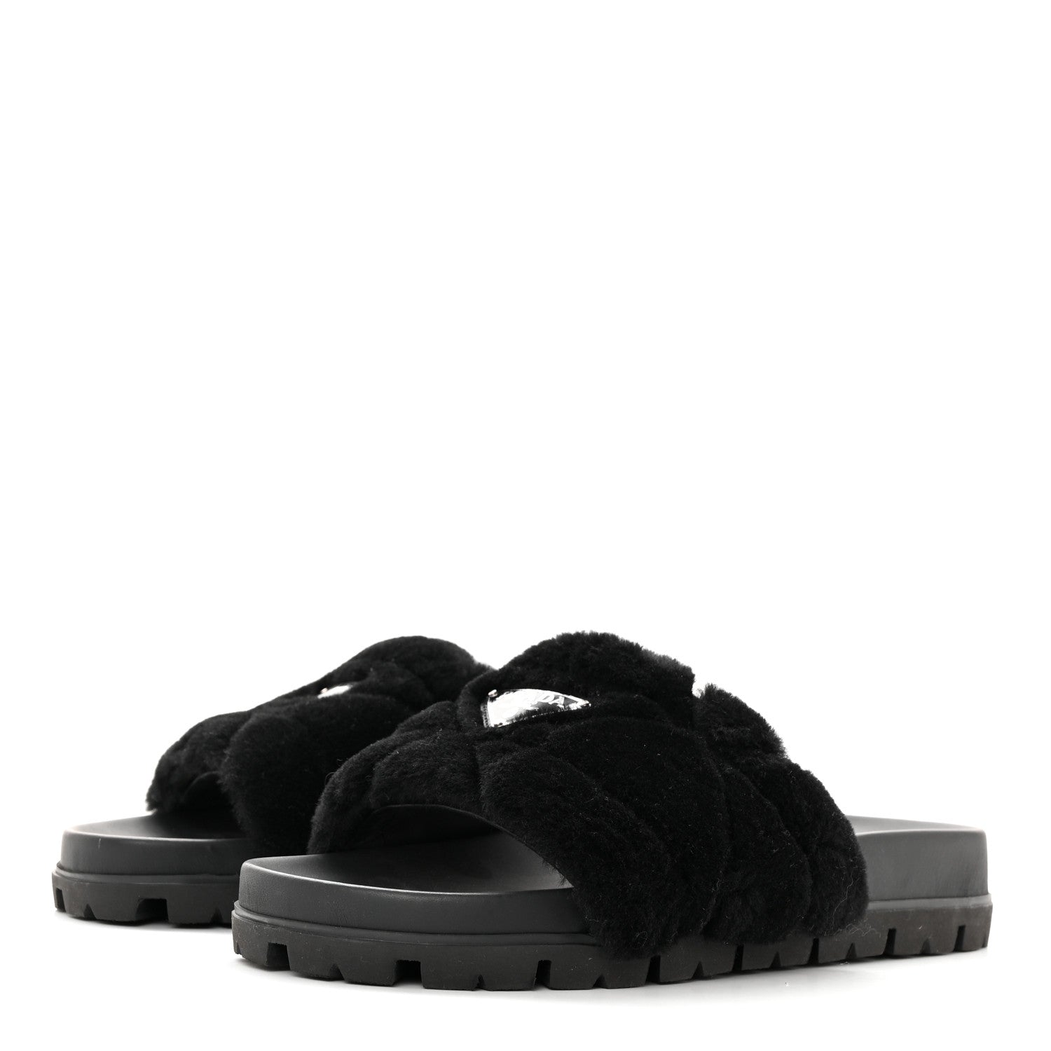 Prada Shearling Metal Triangle Logo Lug Sole 20mm Slide Sandals 41 Black 3 of 9