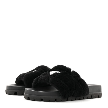 Prada Shearling Metal Triangle Logo Lug Sole 20mm Slide Sandals 41 Black 3 of 9