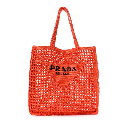 Prada Yarn Raffia Effect Crochet Logo Embroidered Tote Bag Arancio 1 of 9