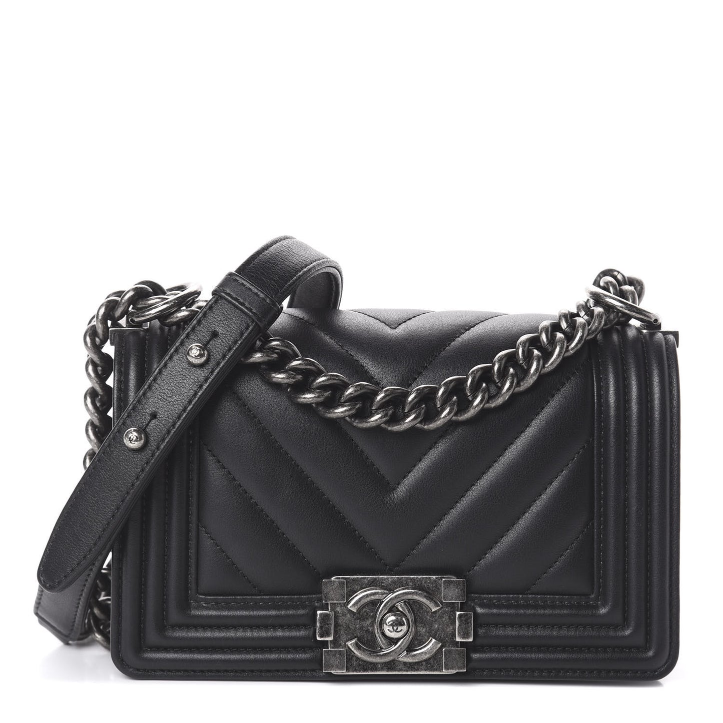 Calfskin Chevron Quilted Small Boy Flap Black