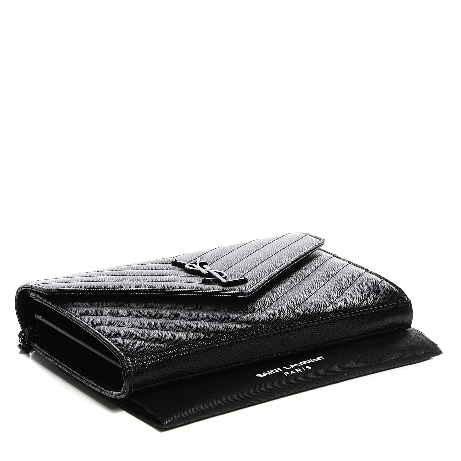 Saint Laurent Grain De Poudre Matelasse Chevron Medium Monogram Chain Wallet Black 4 of 7