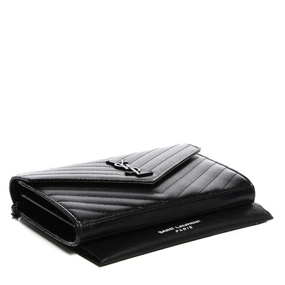 Saint Laurent Grain De Poudre Matelasse Chevron Medium Monogram Chain Wallet Black 4 of 7