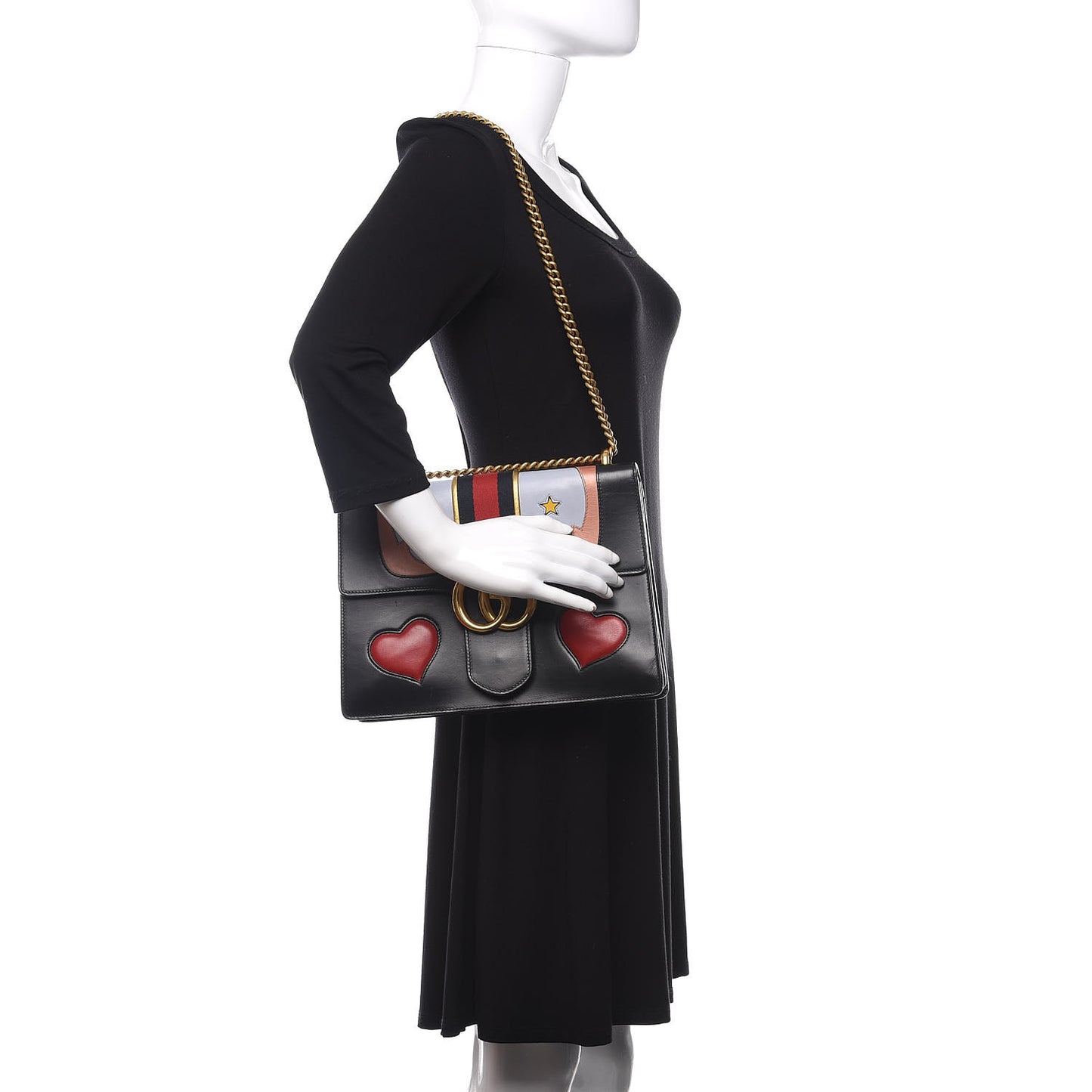 Calfskin Web Heart Medium GG Marmont Chain Handle Bag Black