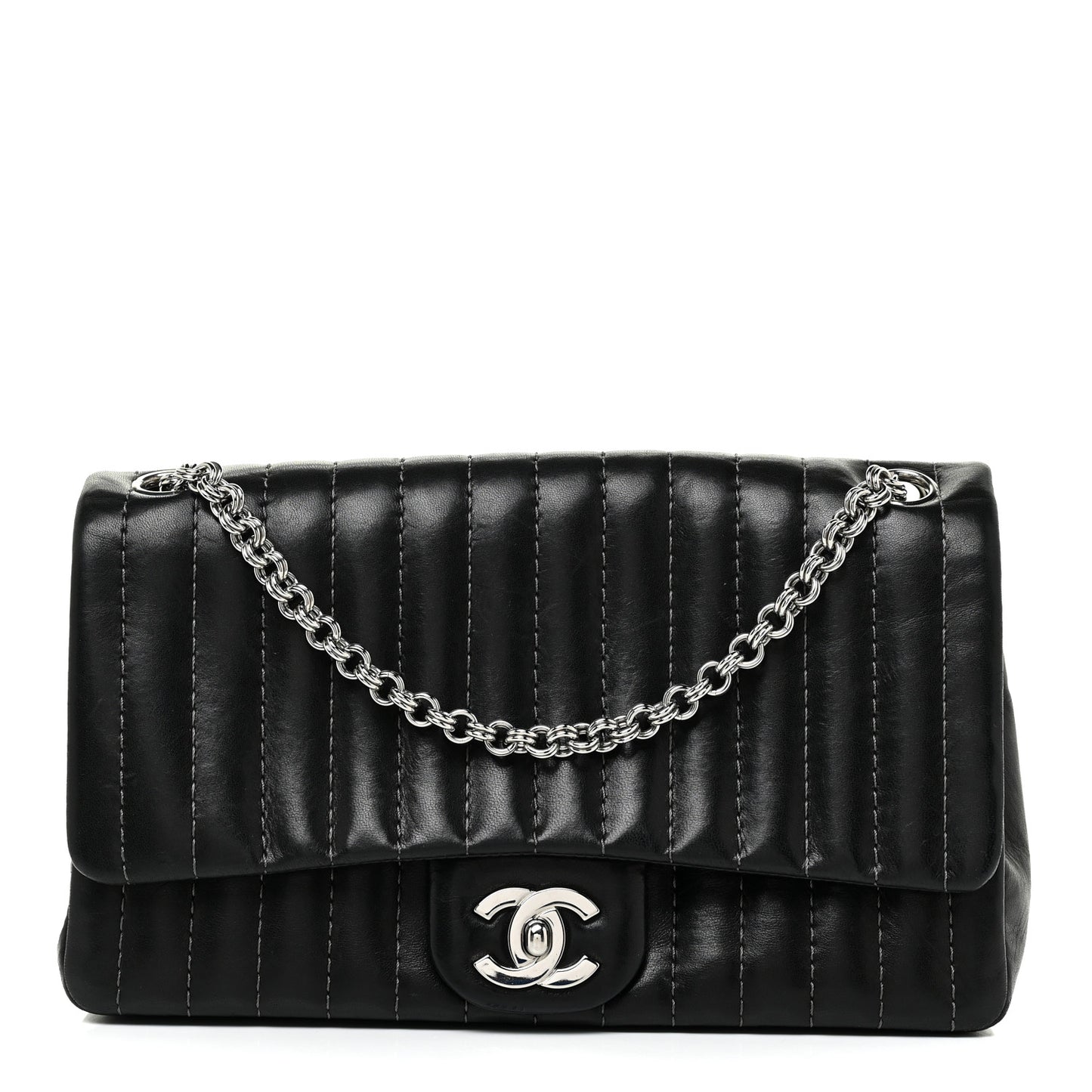 Lambskin Vertical Quilted Medium Single Flap Black