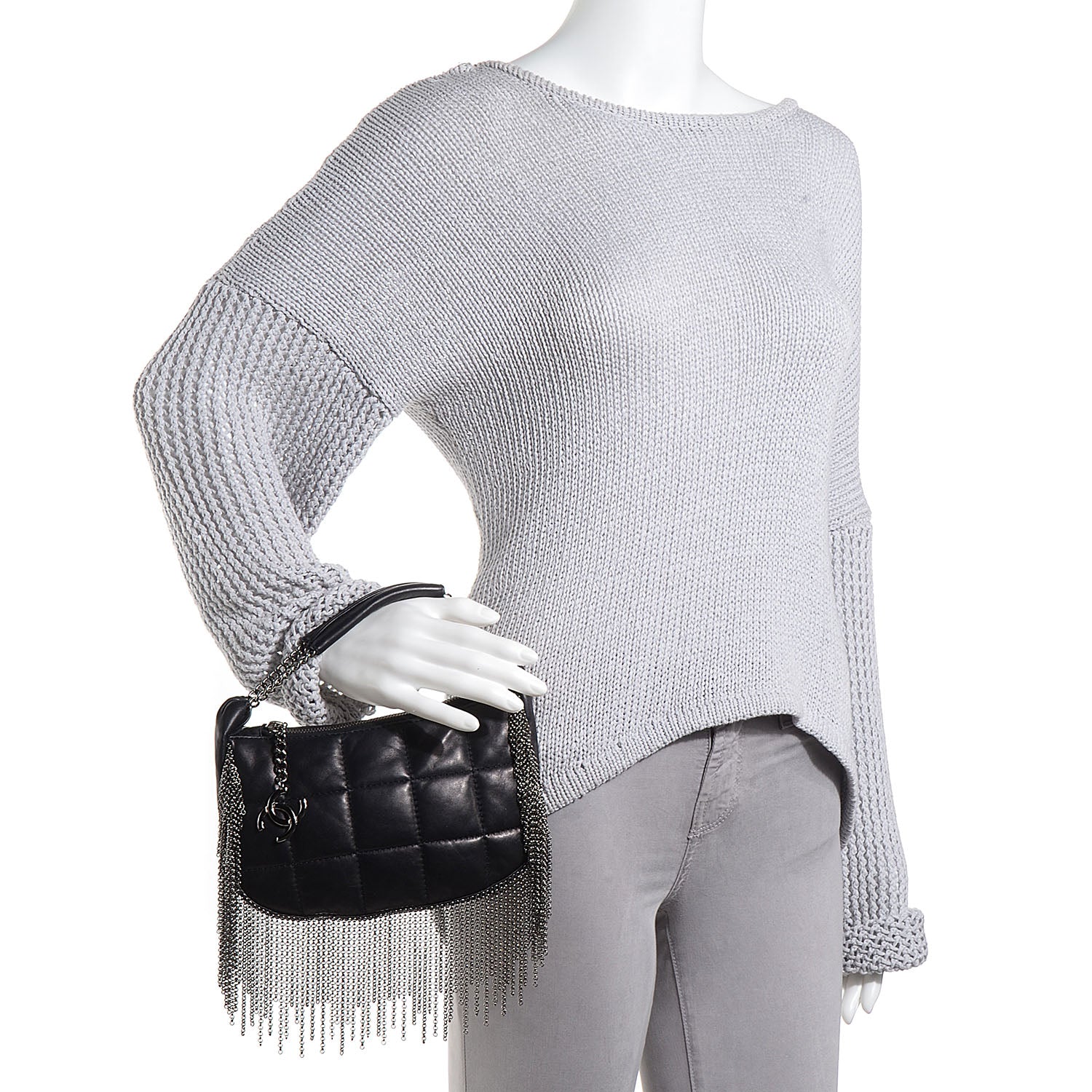 Chanel Lambskin Square Quilted Chain Fringe Pochette Black 83382