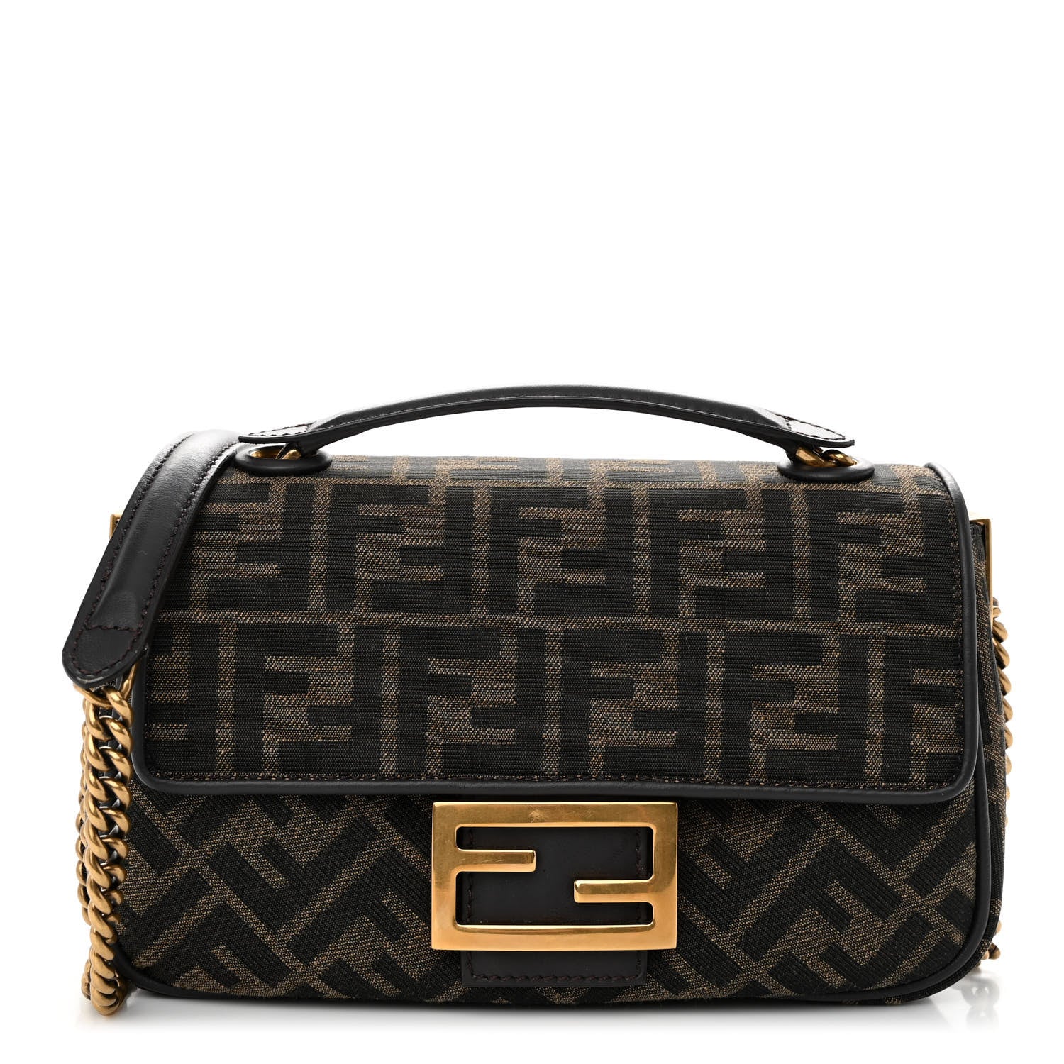 Fendi Fabric Jacquard FF 1974 Midi Chain Baguette Tobacco Moro 1 of 10