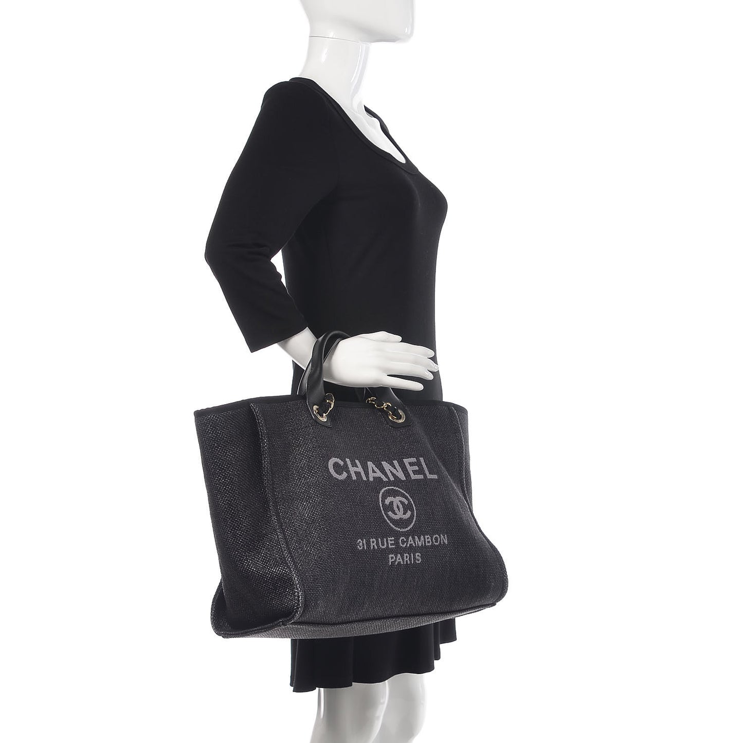Woven Straw Raffia Large Deauville Tote Black