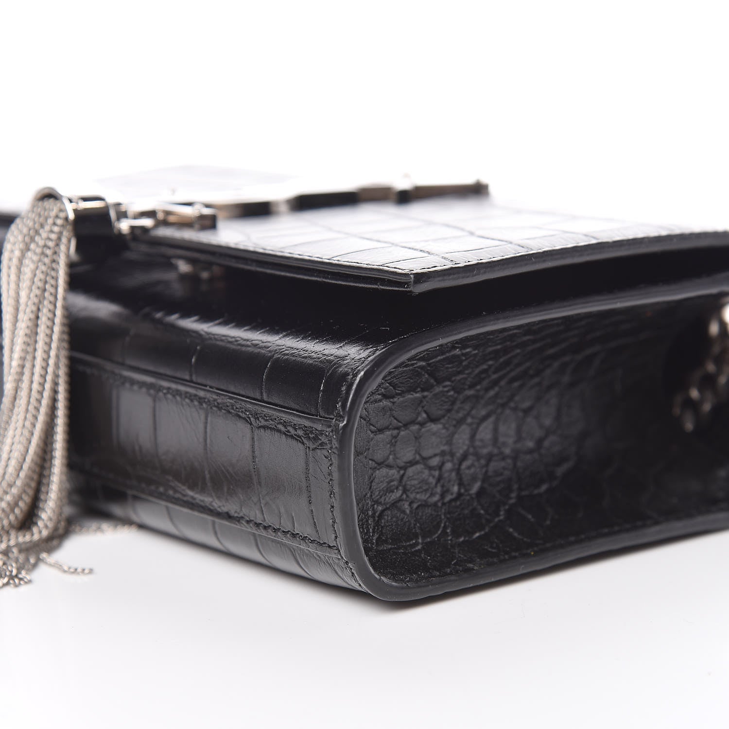Saint Laurent Calfskin Crocodile Embossed Small Classic Monogram Kate Tassel Satchel Black 9 of 9
