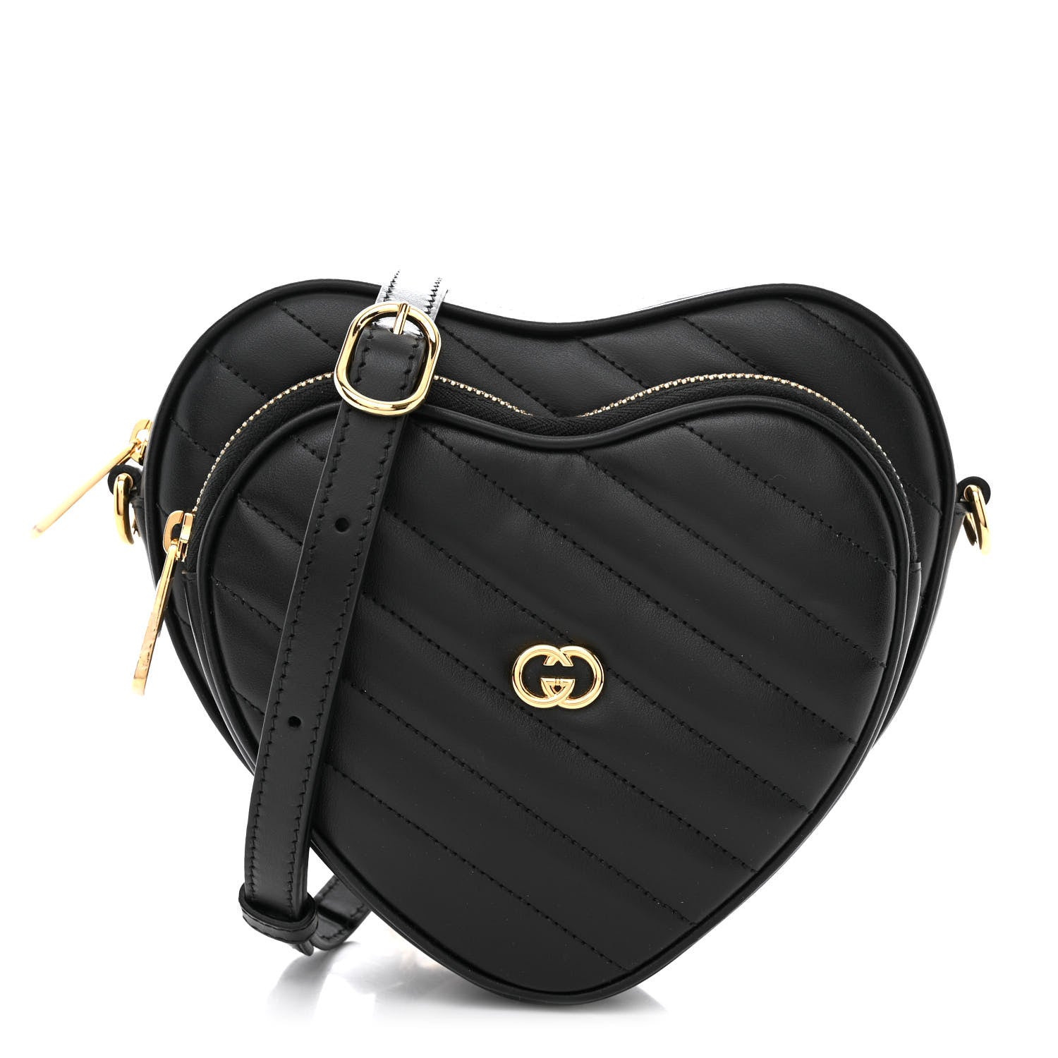 Gucci Calfskin Matelasse Diagonal Mini Interlocking G Heart Shoulder Bag Black 1 of 11