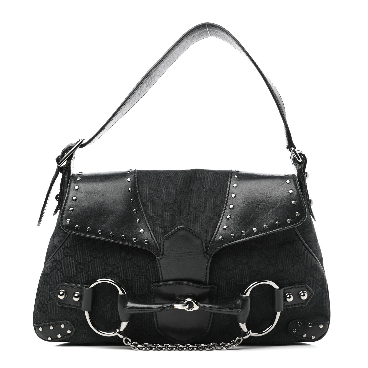 Gucci Monogram Horsebit Chain Flap Shoulder Bag Black 1 of 9