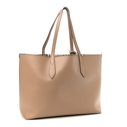 Burberry Grainy Calfskin Haymarket Check Medium Reversible Tote Camel 3 of 14