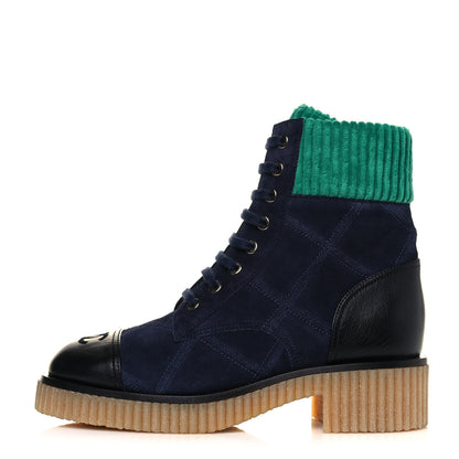 Chanel Suede Calfskin Velvet Quilted CC Combat Boots 38.5 Navy Green Black 1 of 9