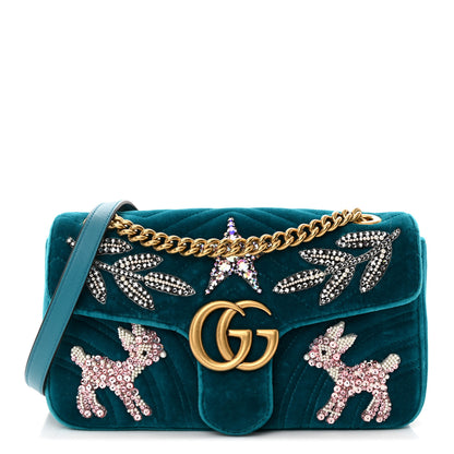 Gucci Velvet Matelasse Embroidered Small GG Marmont Shoulder Bag Pavone Cyan 1 of 14