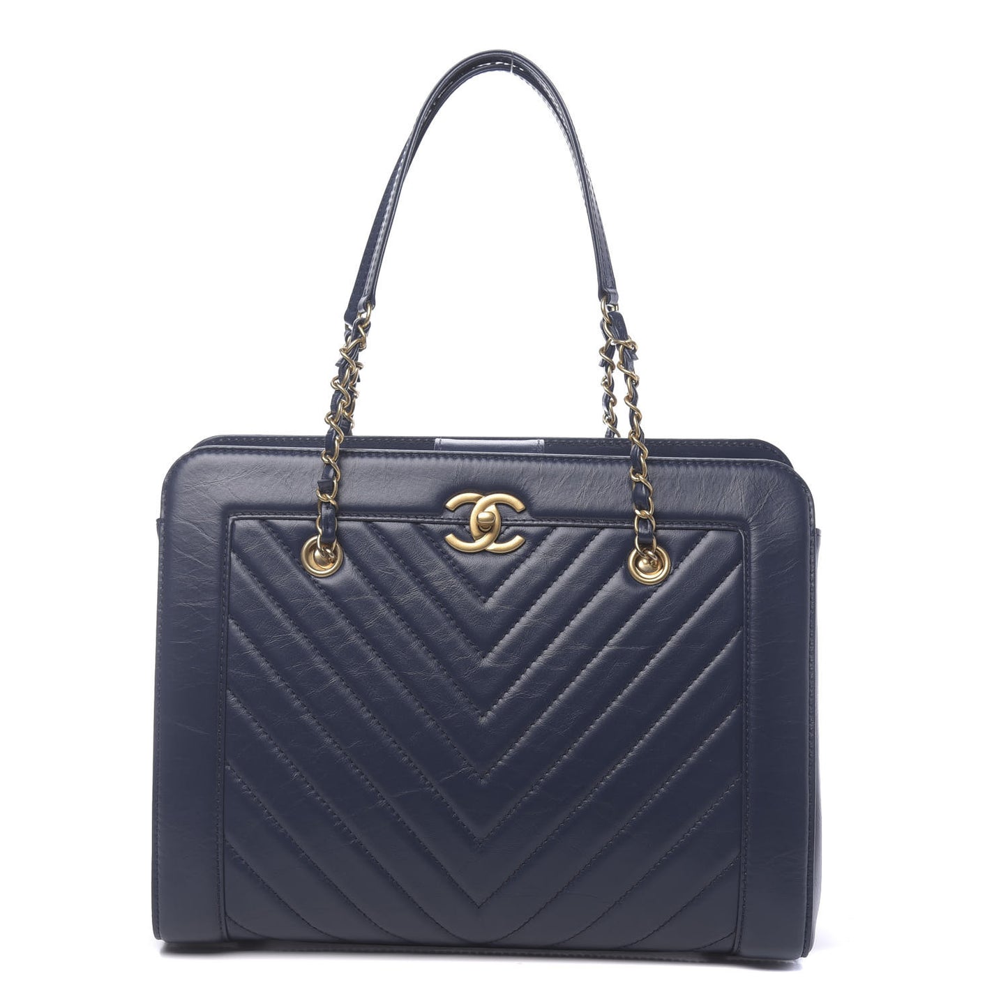 Aged Calfskin Chevron Quilted Large Shopping Tote Navy