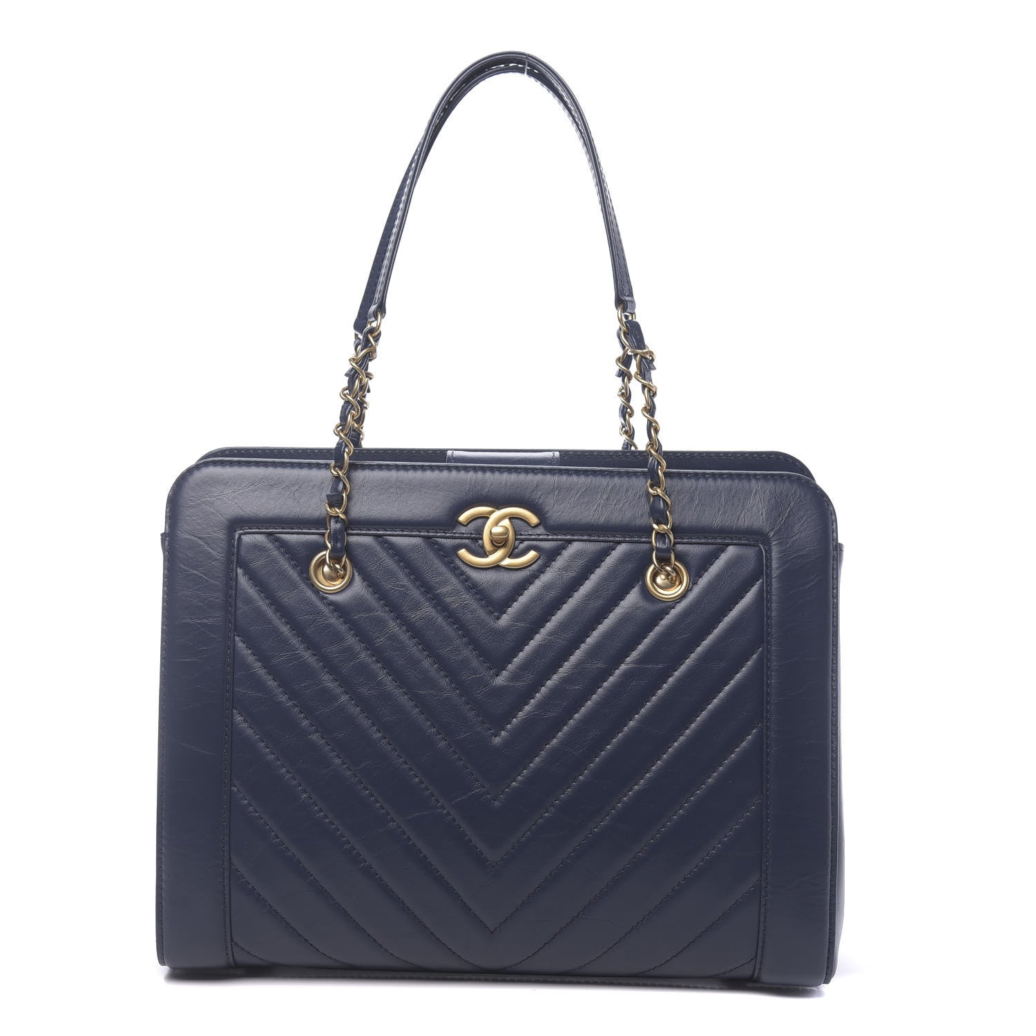 Chanel Aged Calfskin Chevron Quilted Large Shopping Tote Navy 1 of 11