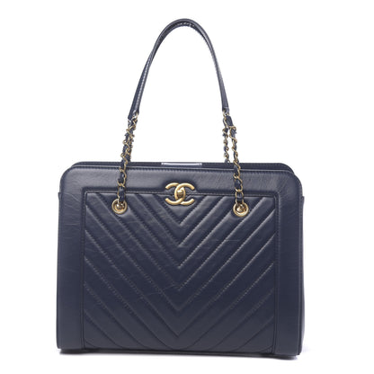 Chanel Aged Calfskin Chevron Quilted Large Shopping Tote Navy 1 of 11