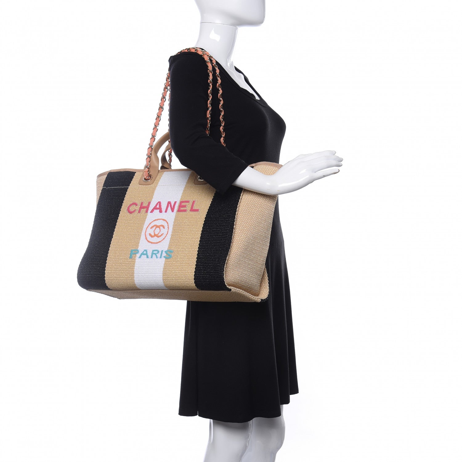 Chanel Straw Raffia Calfskin Striped Medium Deauville Tote Black Beige Ivory 2 of 12