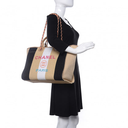 Chanel Straw Raffia Calfskin Striped Medium Deauville Tote Black Beige Ivory 2 of 12