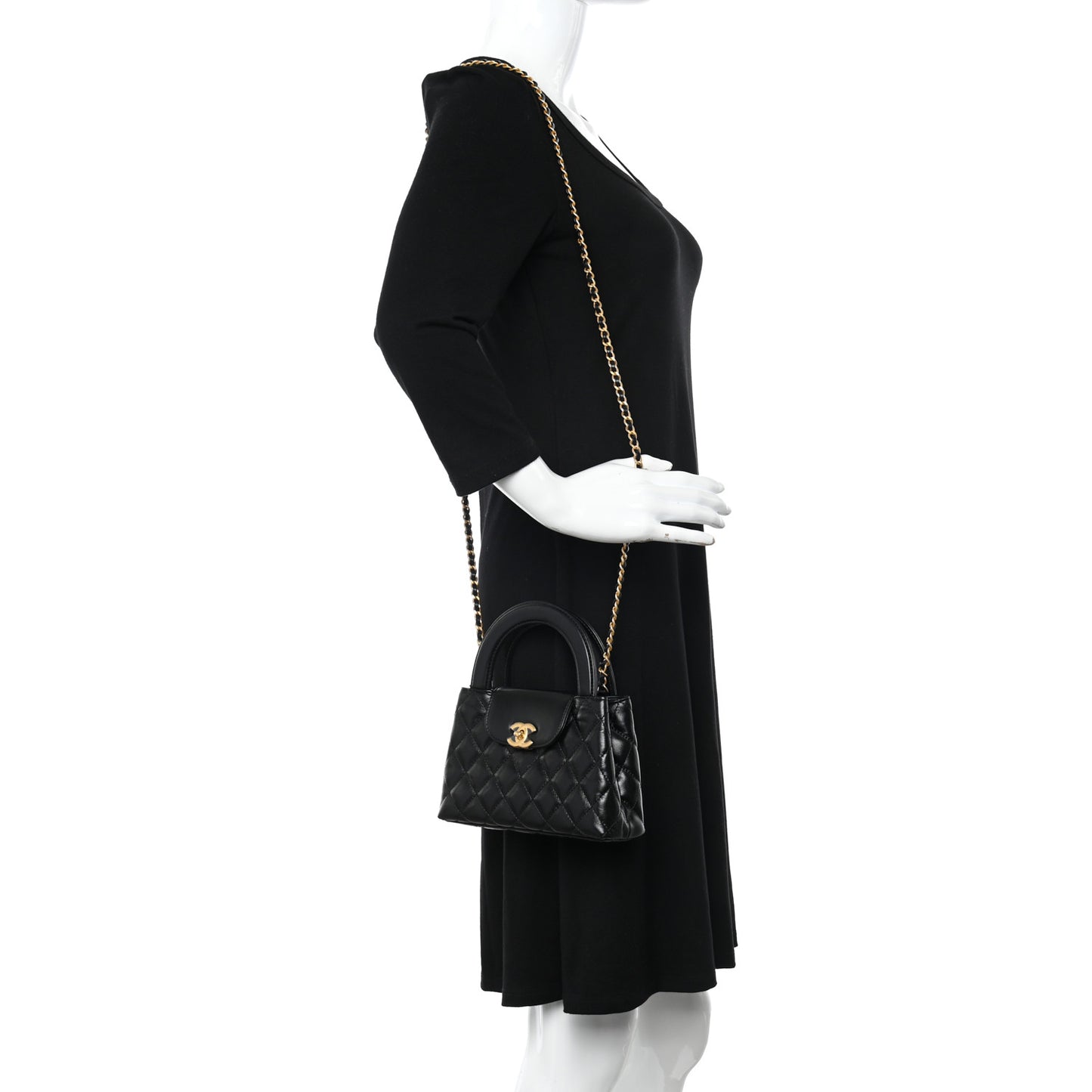 Shiny Aged Calfskin Quilted Nano Kelly Shopper Black