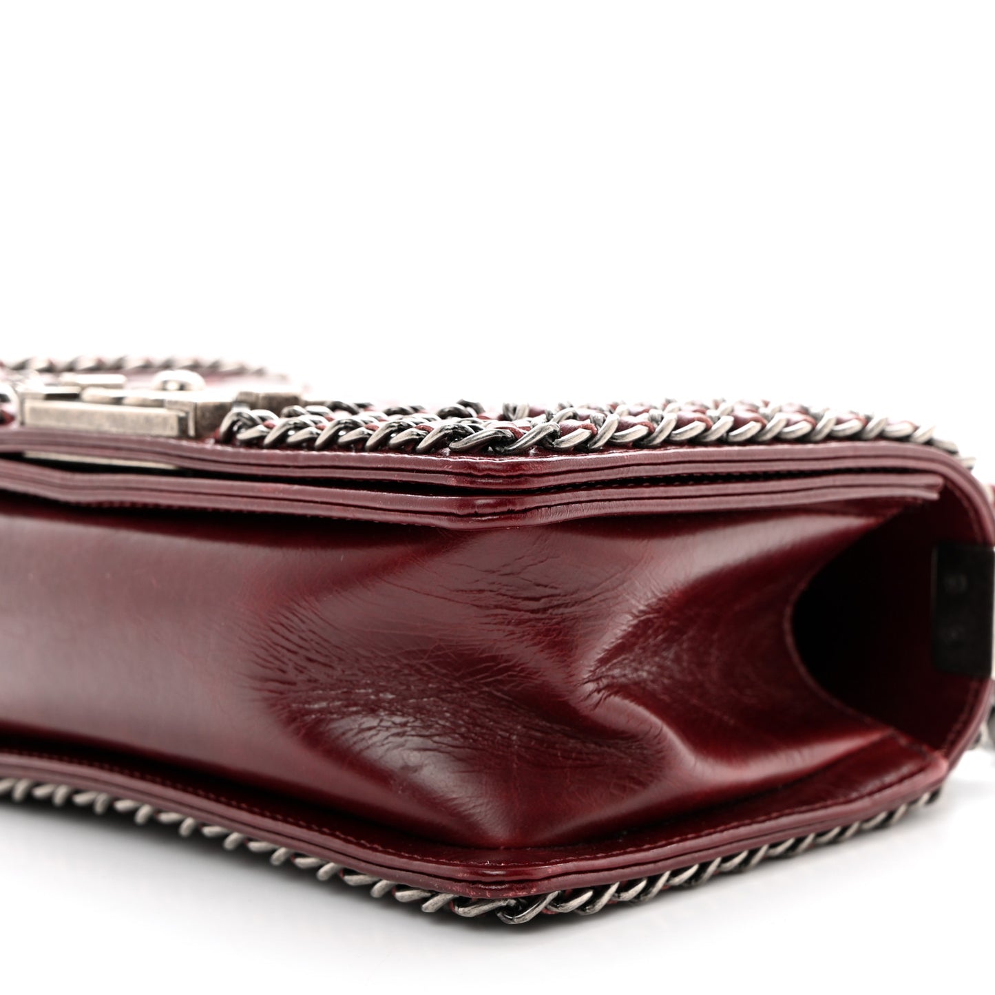 Glazed Calfskin Quilted Small Boy Chained Flap Burgundy