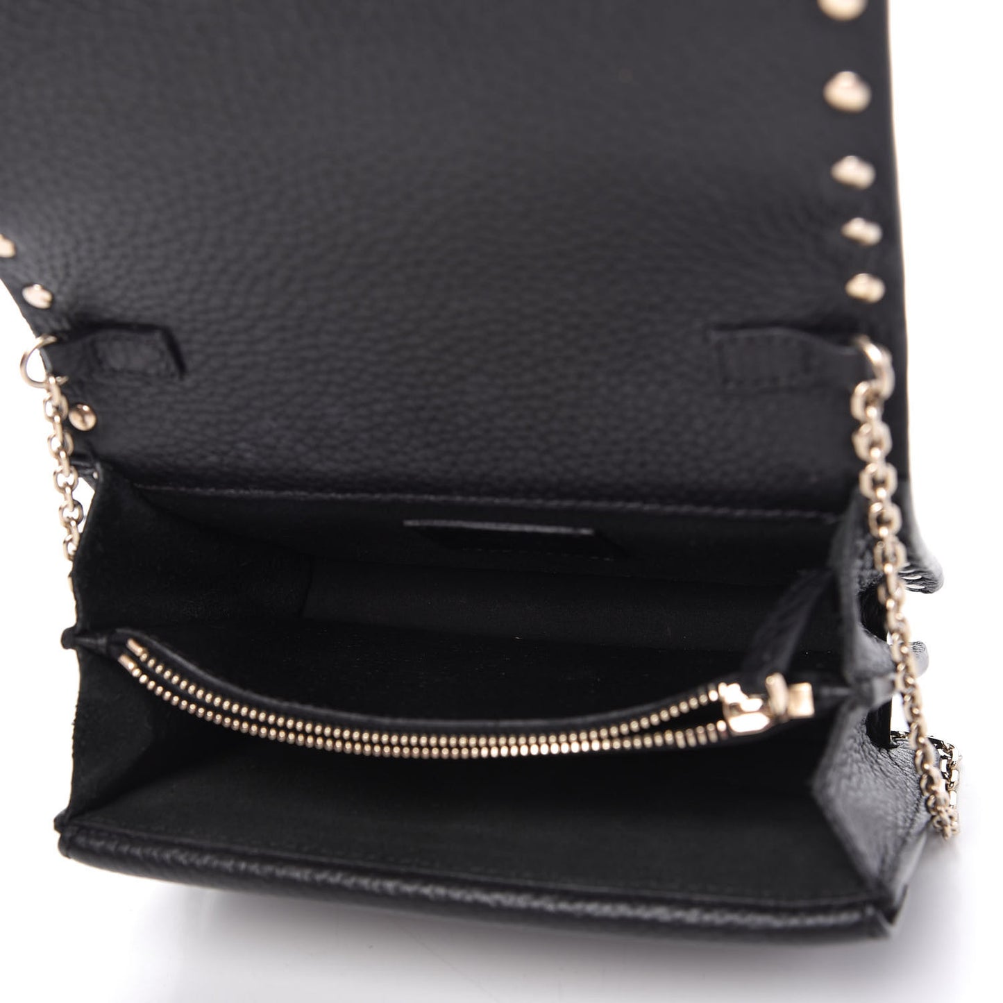 Pebbled Calfskin Rockstud Wallet on Chain Black