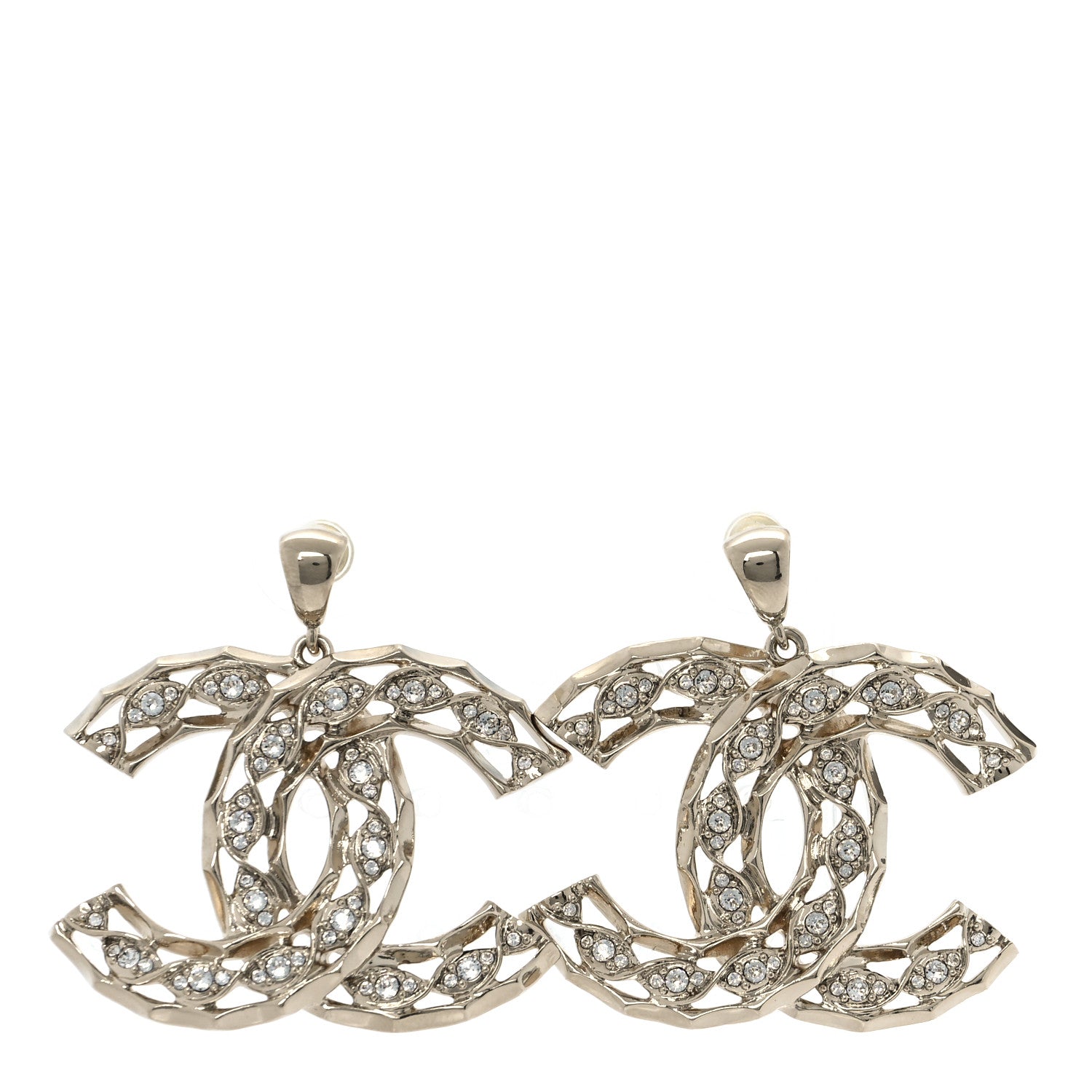 Chanel Metal Crystal Twisted CC Drop Earrings Light Gold 1 of 5