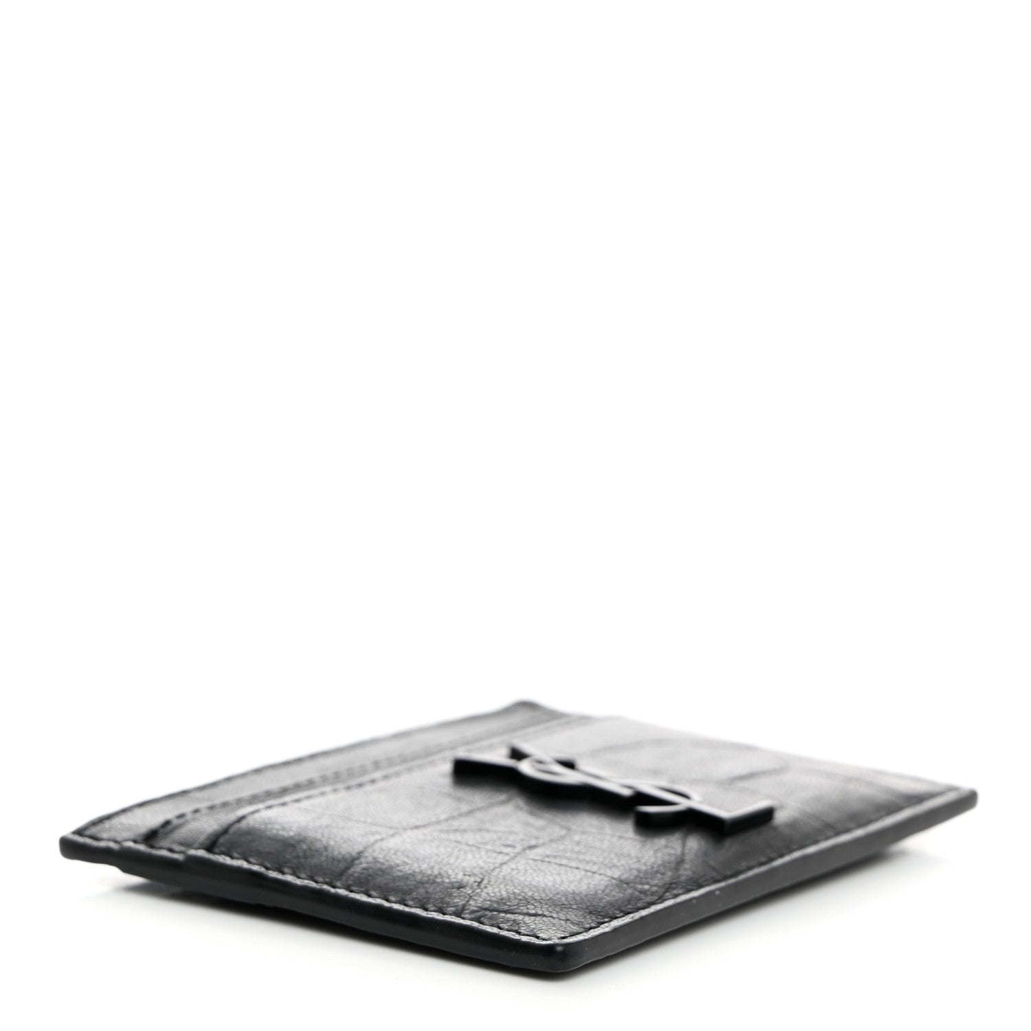 Saint Laurent Calfskin Crocodile Embossed Monogram Credit Card Case Black 4 of 8