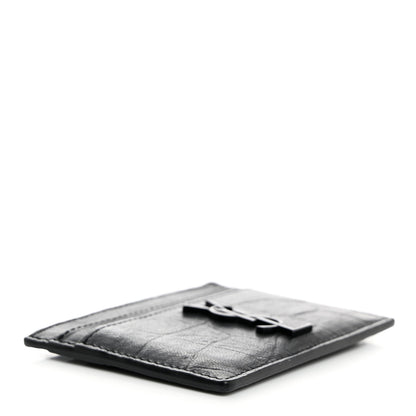 Saint Laurent Calfskin Crocodile Embossed Monogram Credit Card Case Black 4 of 8